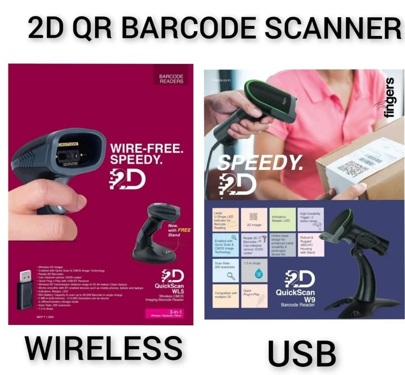 Fingers QuickScan WL5 Wireless 2D Barcode Scanner - High-Speed, Durable, and Versatile