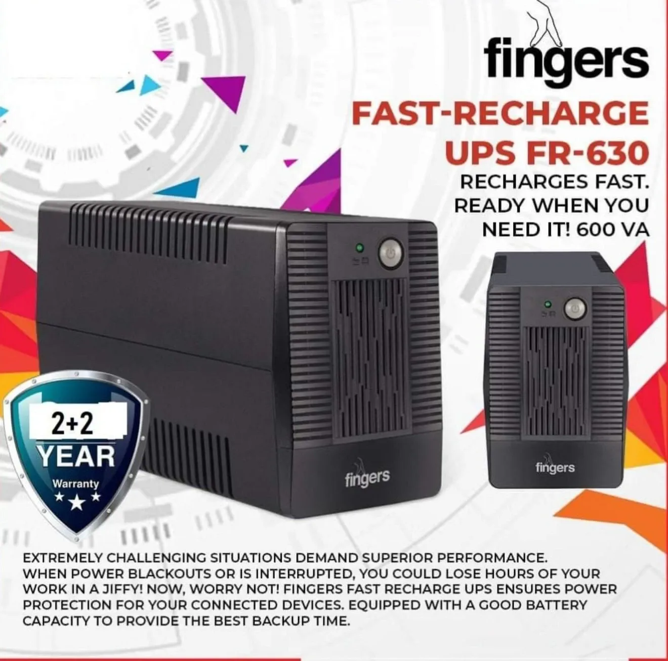 Fingers Fast-Recharge UPS FR-630 – 600 VA Power Backup with 2+2 Year Warranty
