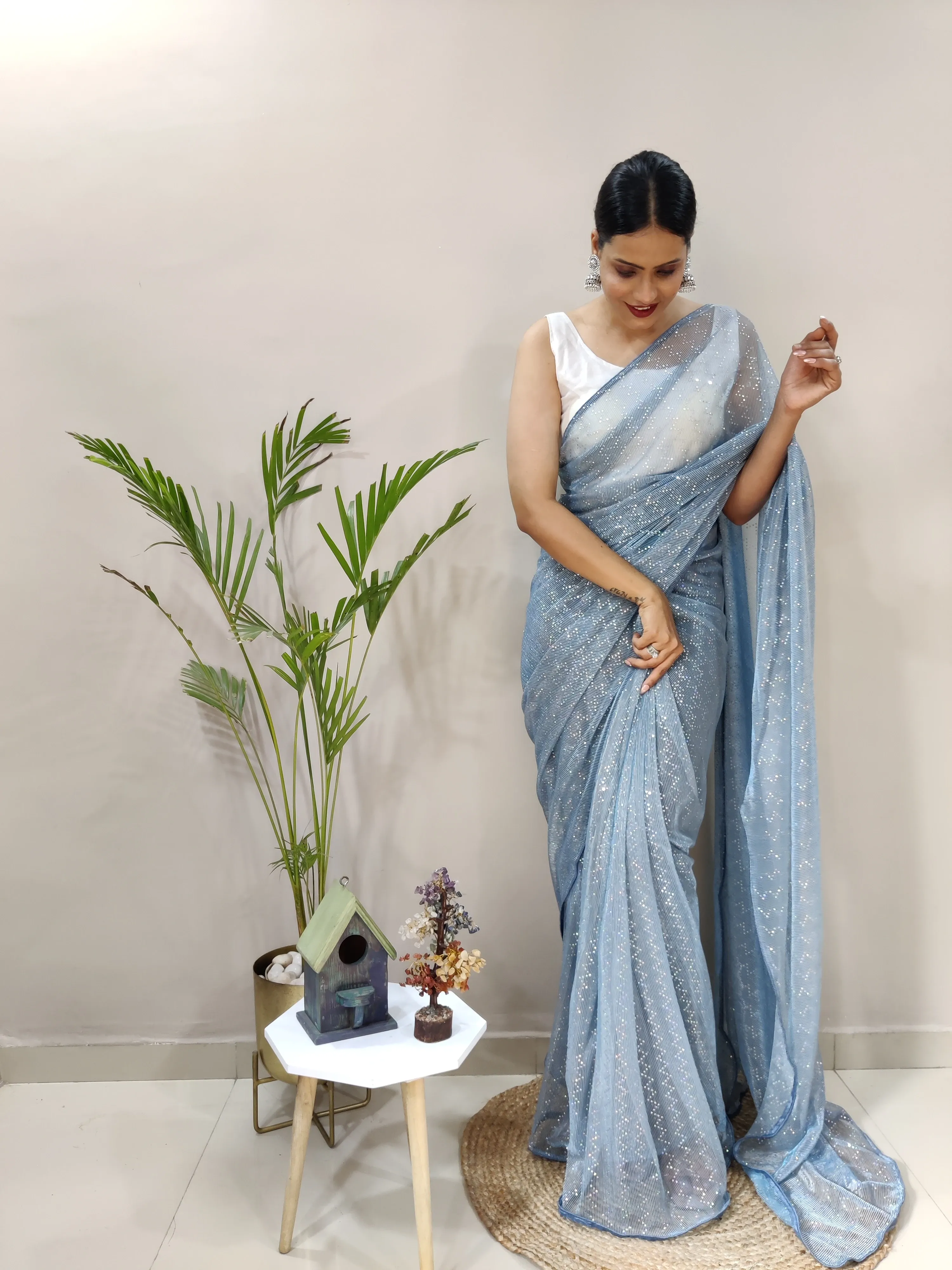 Premium Quality Heavy Imported Netting Plated Saree with Tikali Work