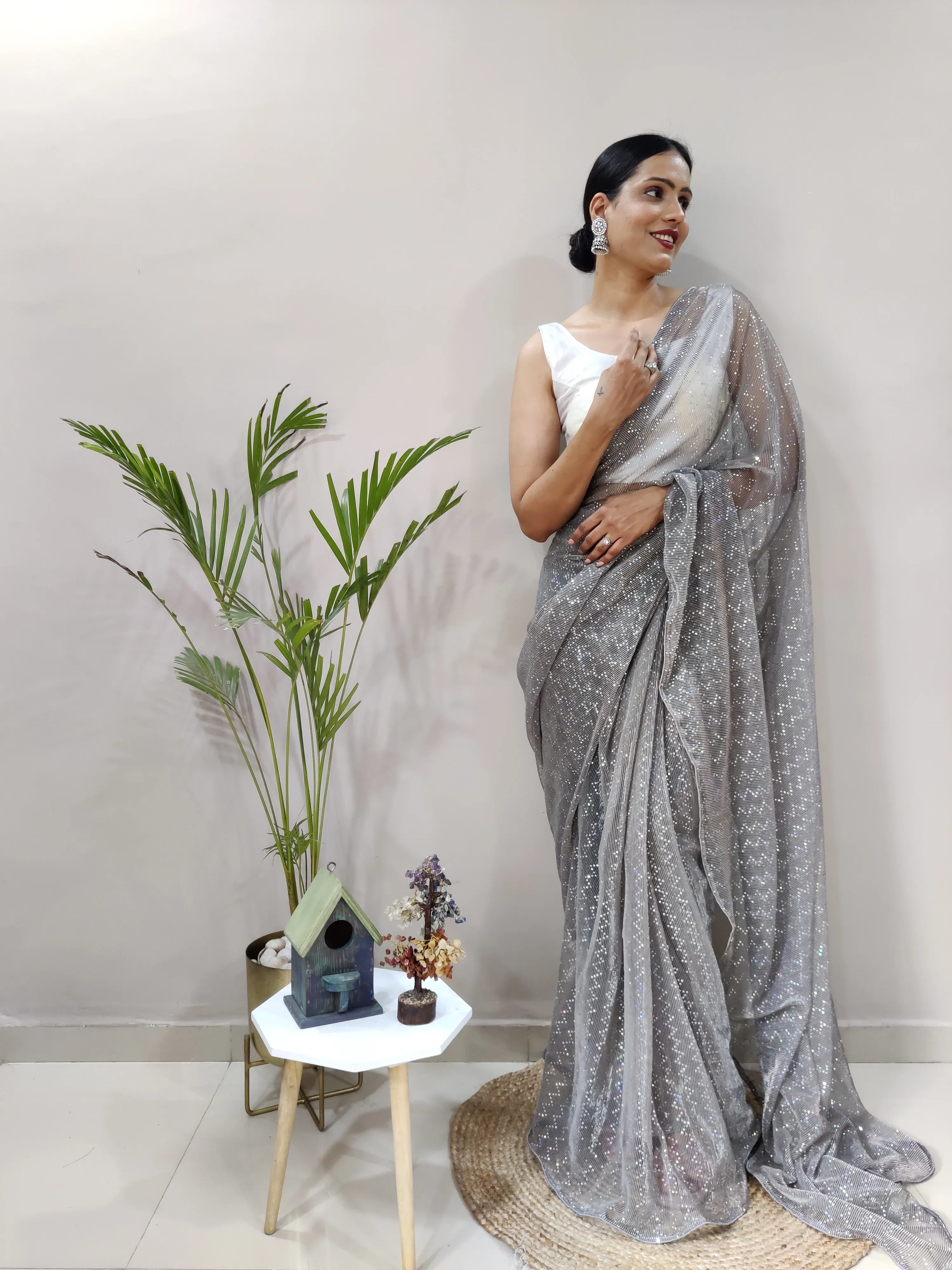 Premium Quality Heavy Imported Netting Plated Saree with Tikali Work
