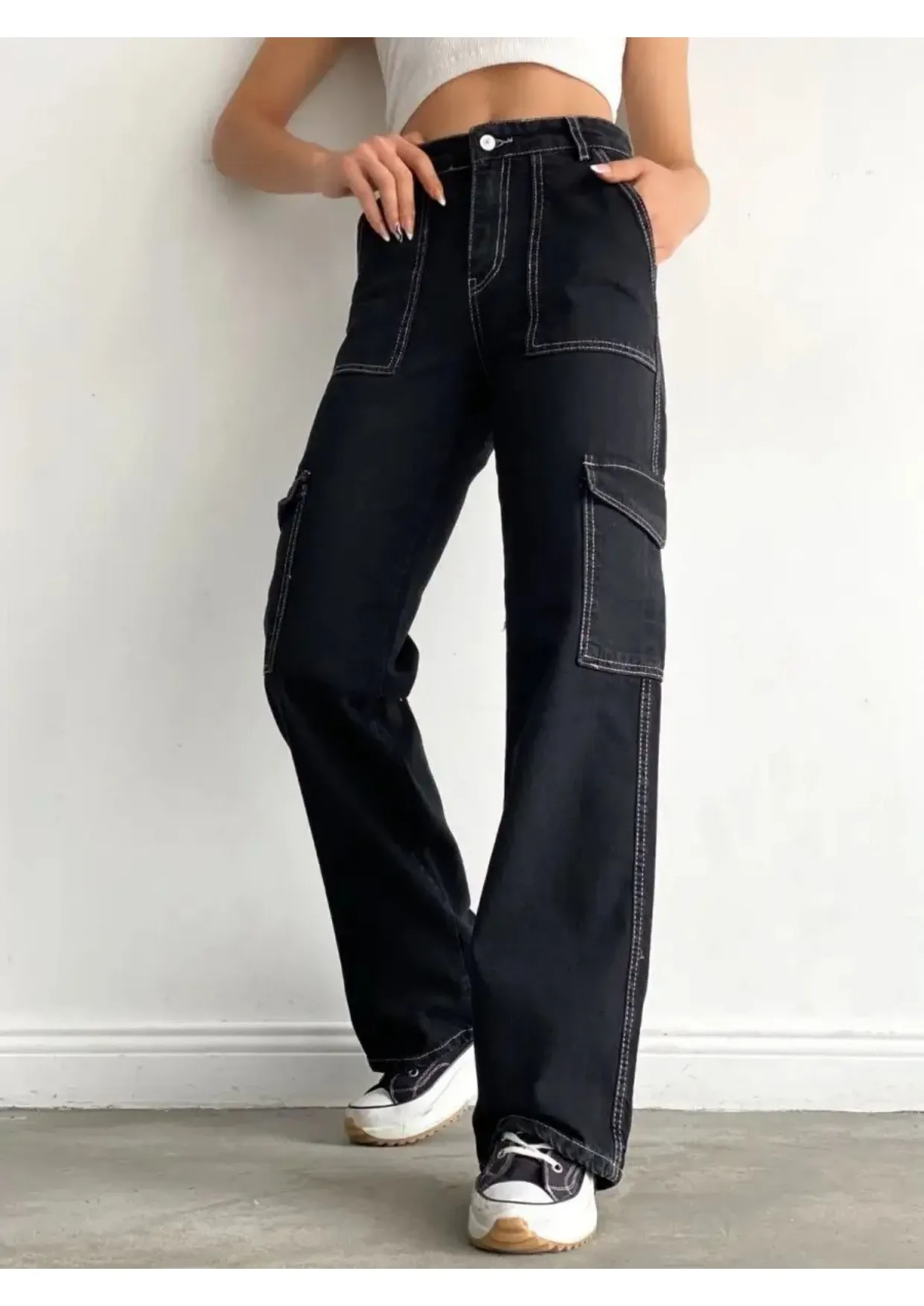 Upgrade your casual look with our White Stitching Cargo Comfort Pants | Black
