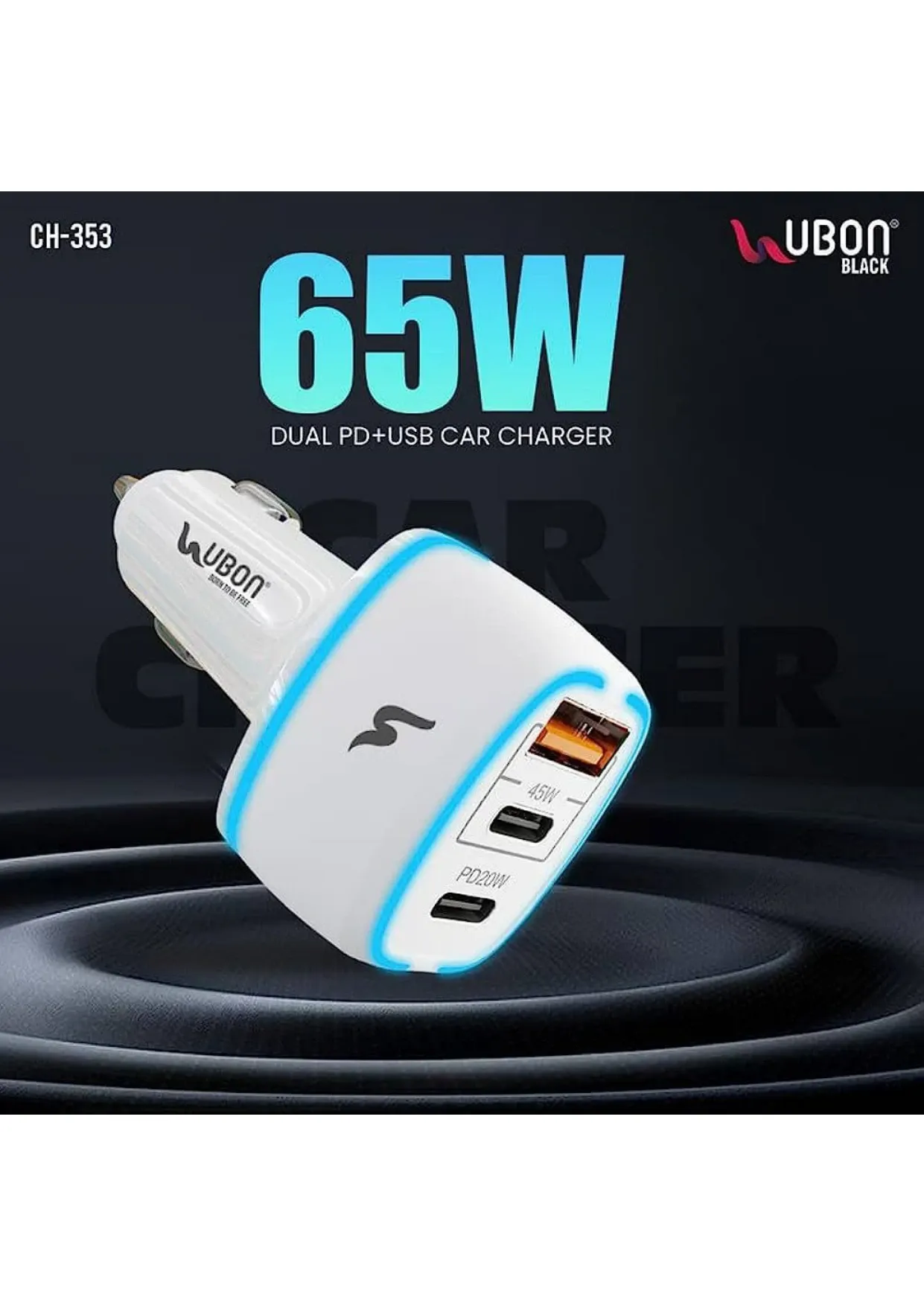 Ubon CH-353, 65W Fast Car Charger Adapter, Dual PD+USB C Ports Super 3 in 1 Comp