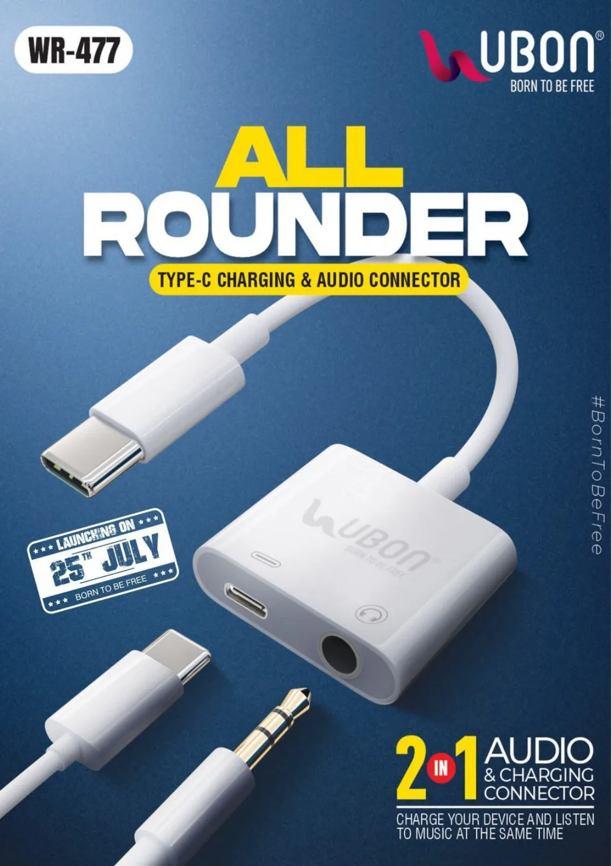 UBON WR-477 2 in1 Splitter Cable for Type-C to 3.5mm Audio Jack for Listening