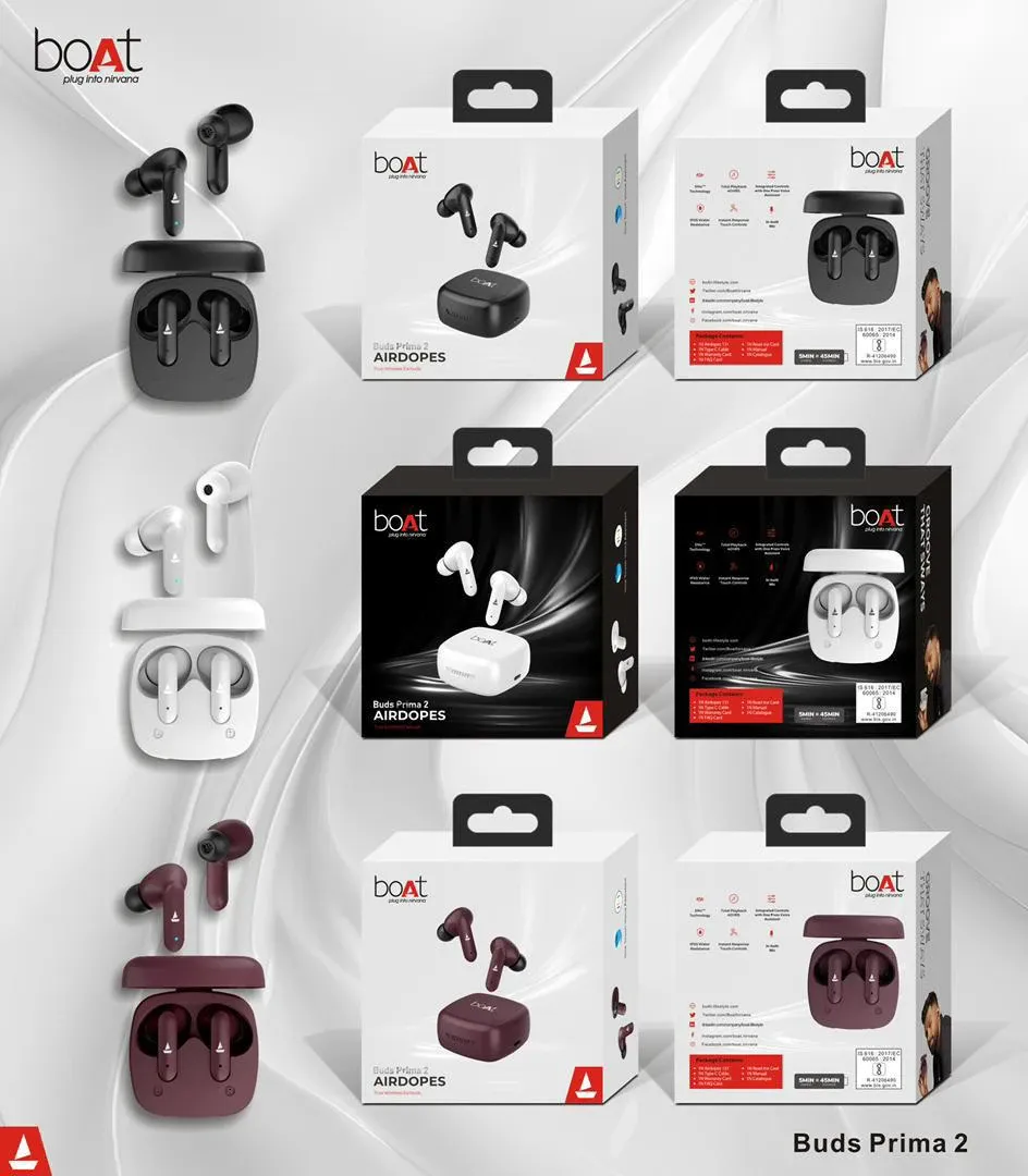 BOAT Buds Prima 2 Truly Wireless in Ear Ear Buds w/ 40 HRS Playback,Crystal Bionic Sound w/Dual EQ Modes,  ENx™ Technology, in Ear Detection, Hearables App, IPX5