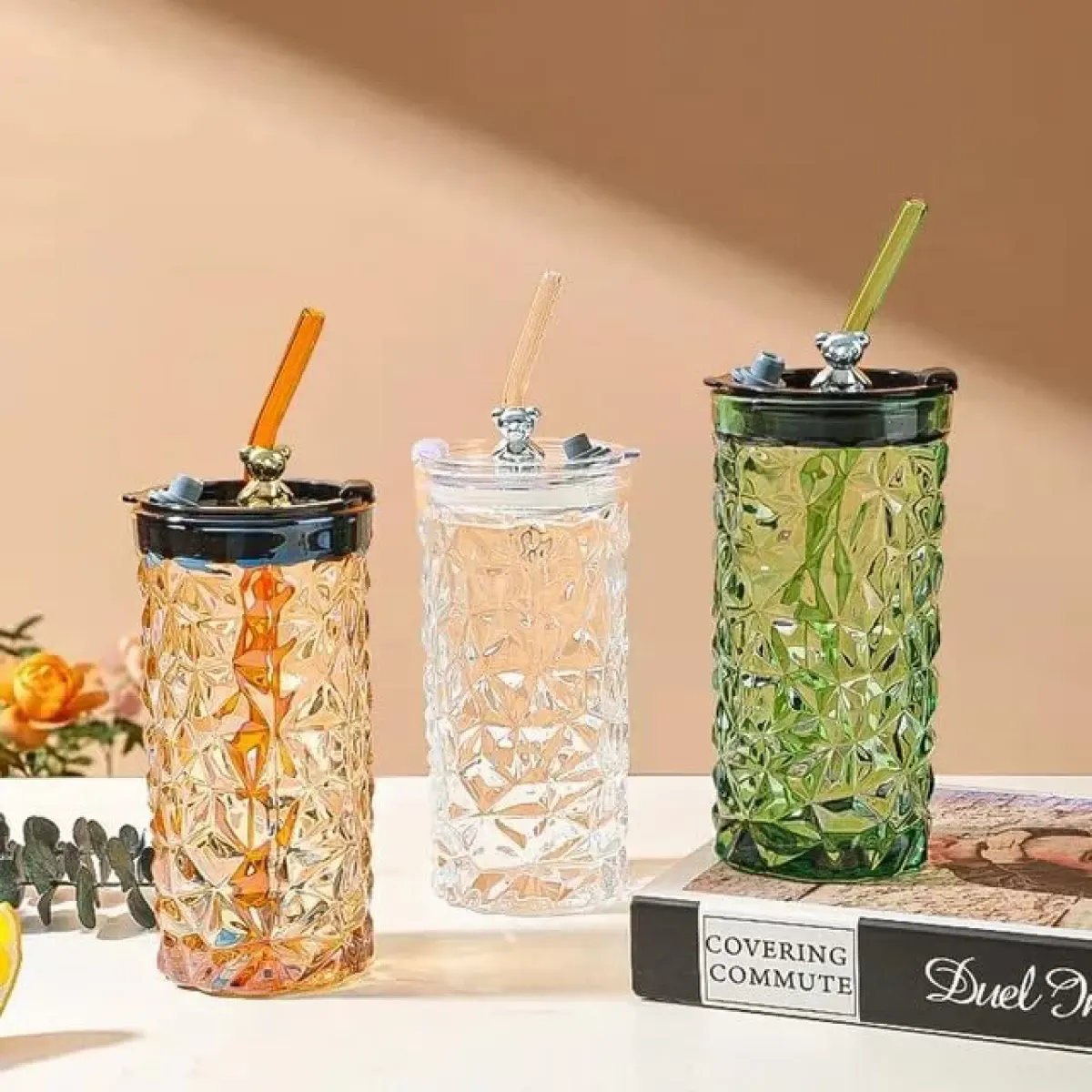 350ML BEAR SHAPE GLASS CUP WITH STRAW